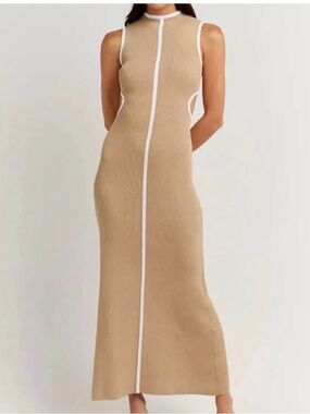 DISSH Tan Ribbed Maxi Dress with White Trim